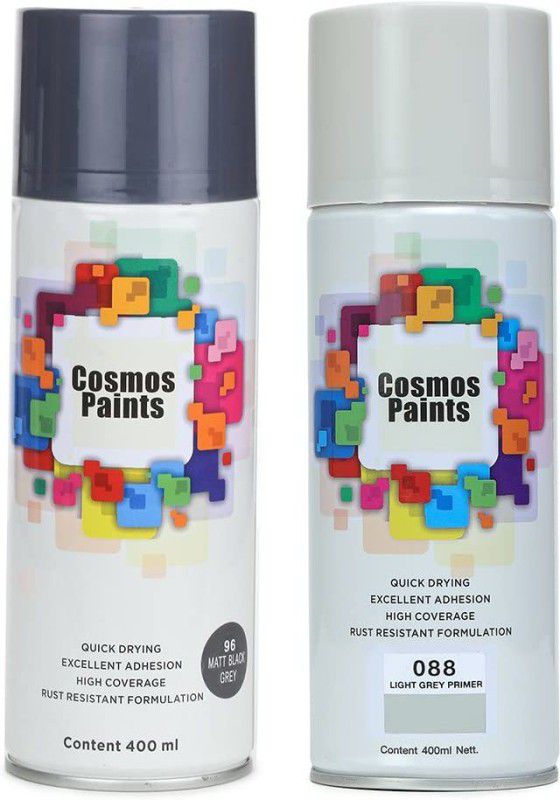 Cosmos Paints Matt Black Grey Spray Paint & Light Grey Primer - Combo Offer, 400 ml Matt Black Grey & Light Grey Spray Paint 800 ml  (Pack of 2)