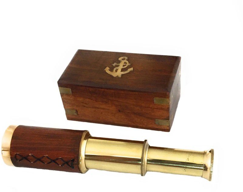 Shoptreed 6" Handheld Vintage Brown leather Brass Telescope with Wood Box - Pirate Navigation Collectible Catadioptric Telescope  (Manual Tracking)
