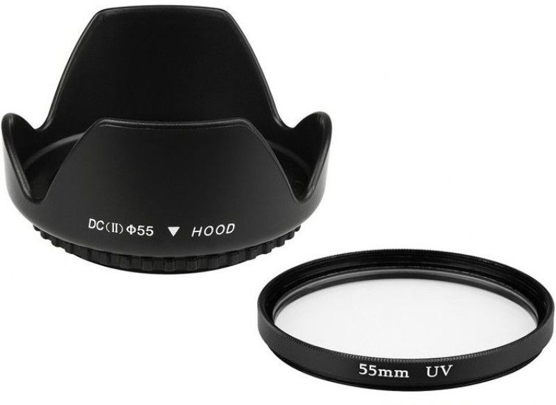 SHOPEE 55MM Tulip Flower Lens Hood with 55MM Saftey UV Camera Lens Filter Lens Hood  (55 mm, Black)