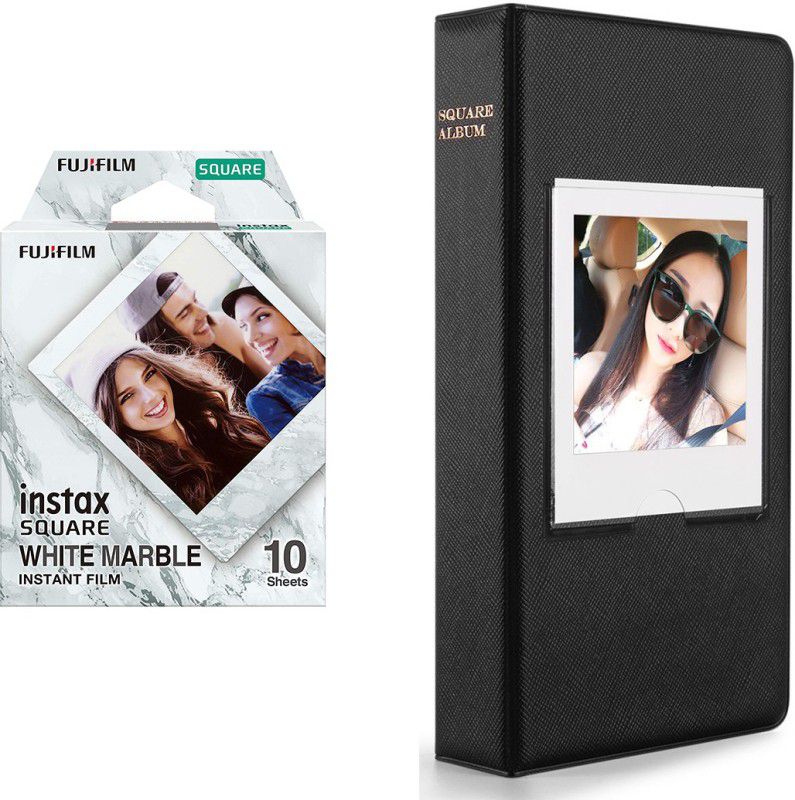 FUJIFILM square 10X1 white marble Instant Film With 64 sheet Black Album for square Film Roll  (Yes 800 ISO Pack of 1)