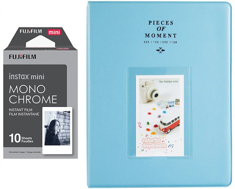 FUJIFILM Mini 10X1 Monochrome Instant Film With 128-sheet Skyblue Album for mini Film Roll  (Yes 800 ISO Pack of 1)