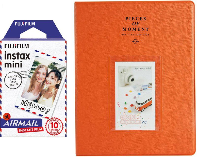 FUJIFILM Mini 10X1 airmail Instant Film With 128-sheet Orange Album for mini Film Roll  (Yes 800 ISO Pack of 1)