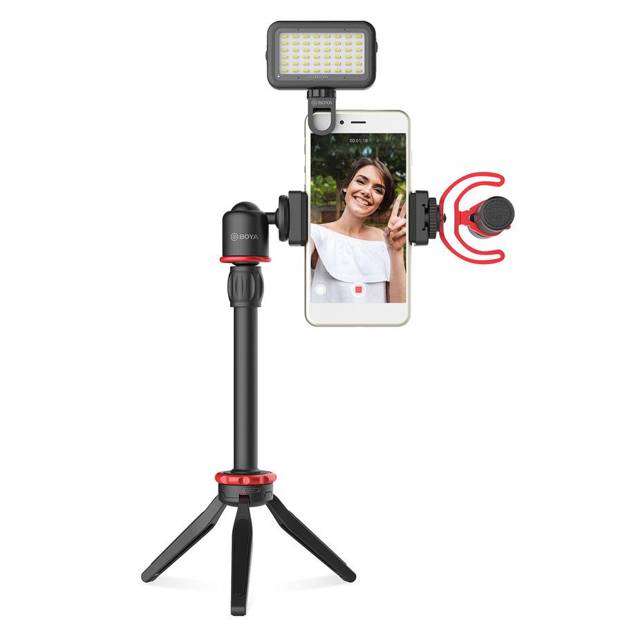 BOYA Phone Video Vlog Kit with Microphone LED Light Ball Head Tripod Extension Rod Microphone Cold Shoe Clamp Phone Clamp Shock Mount Fur Windshield