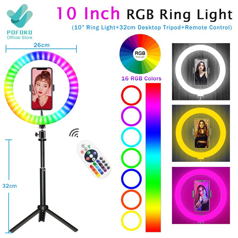 10 Inch/12 Inch RGB Selfie Ring Light [16 RGB Colors/Promise Dimming] with Tripod Stand & Remote Control & Hose Phone Holder & 360° Rotatable Gimbal Photography Dimmable Studio Lighting For TikTop Youtuber Live Streaming Makeup Video Vlog