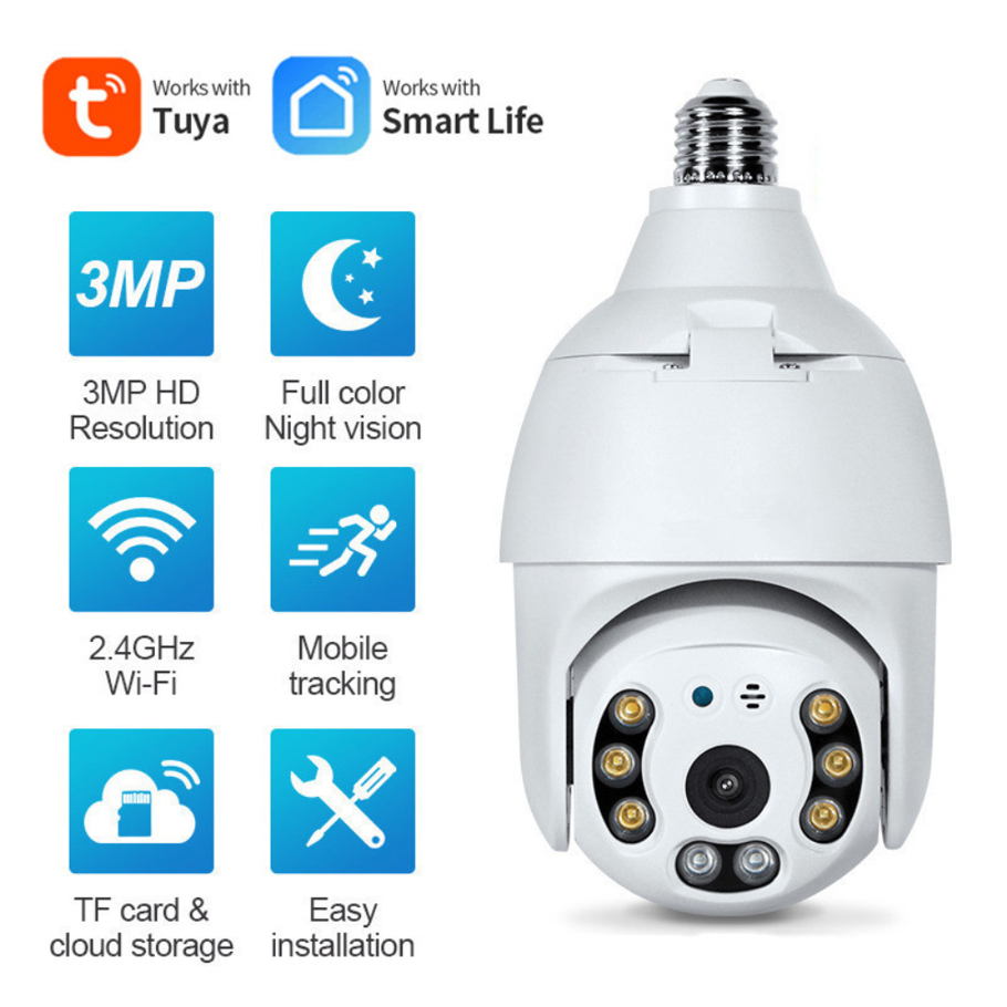 E27 3MP Tuya Smart Auto Wifi Camera 1080P IP Security Home PTZ Speed Dome IR Night Vision Outdoor Wifi Camera