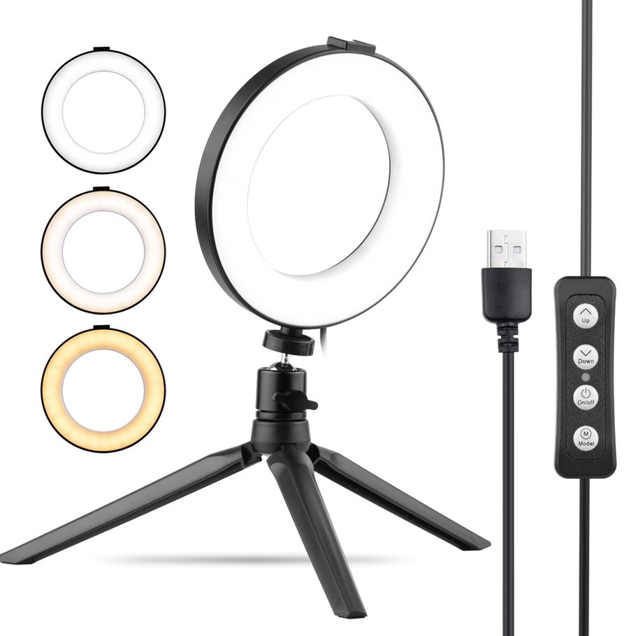 6 Inch USB Ring Light Selfie Beauty LED Light 3 Lighting Modes Dimmable with Ballhead Adapter + Desktop Tripod for Vlog Makeup Network Broadcast Online Video Product Photography