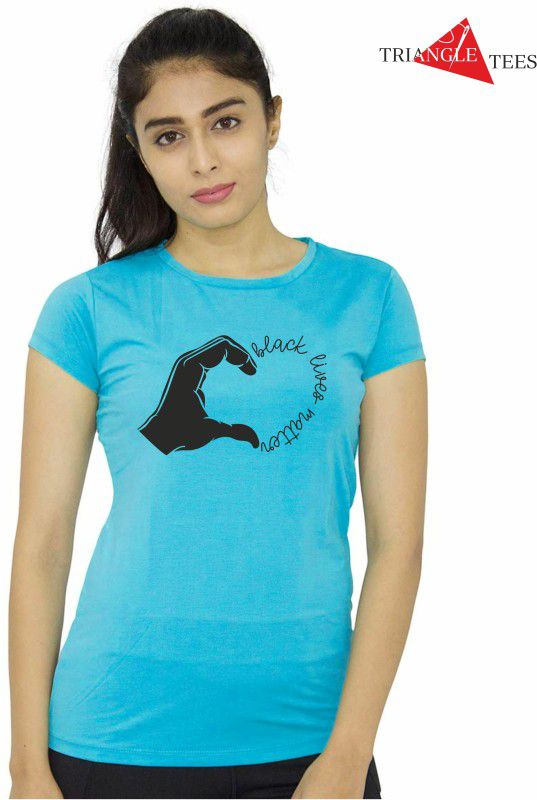 Women Printed Round Neck Pure Cotton Light Blue T-Shirt