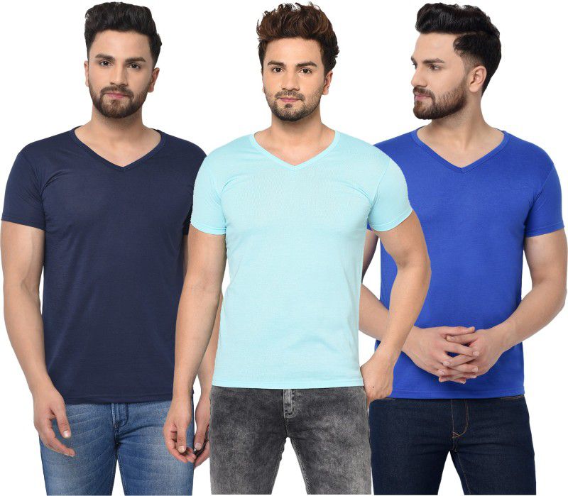 Pack of 3 V Neck T-Shirt Combo of 3 Men Solid V Neck Cotton Blend Multicolor T-Shirt