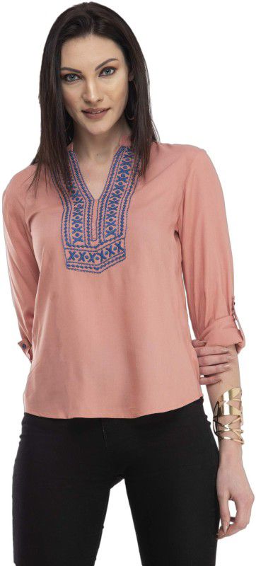 Casual Roll Up Sleeves Embroidered Women Pink Top
