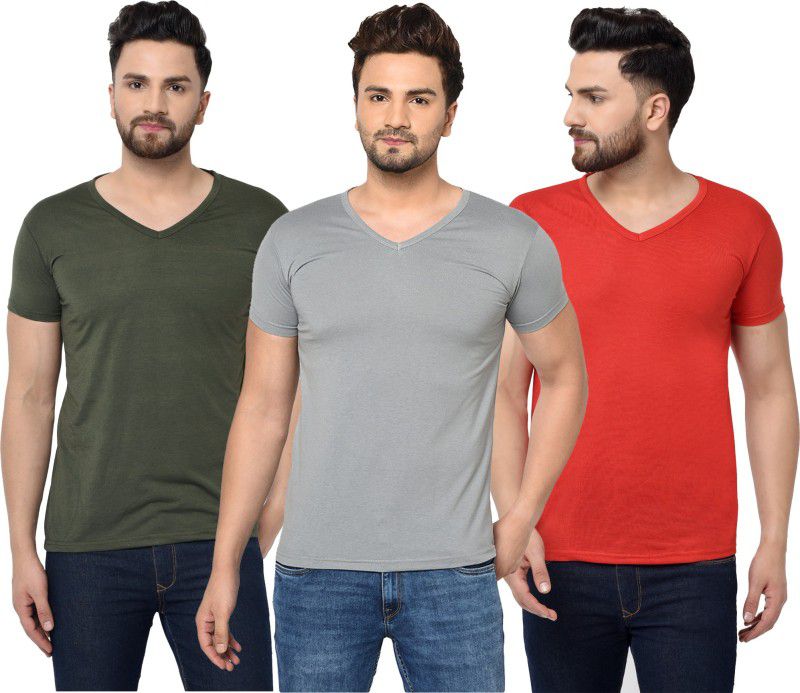 Pack of 3 Men Solid V Neck Cotton Blend Multicolor T-Shirt