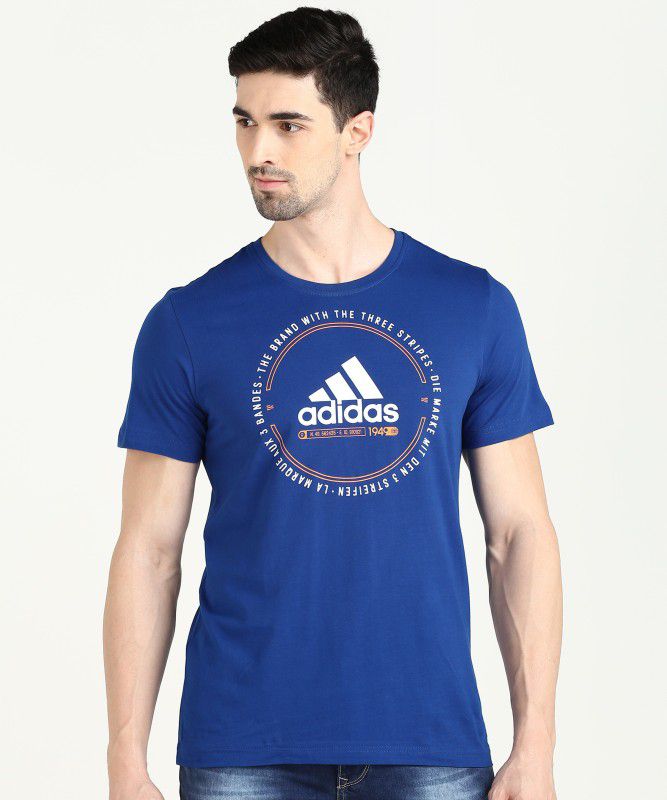 Men Printed Round Neck Pure Cotton Blue T-Shirt