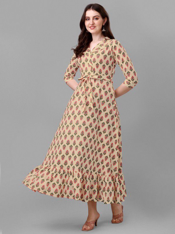 Women Printed Cotton Blend Gown Kurta  (Multicolor, Beige)