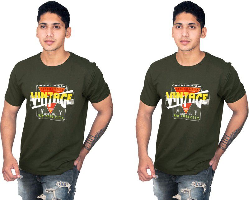 Pack of 2 Men Printed Round Neck Cotton Blend Green T-Shirt