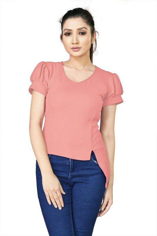 Casual Balloon Sleeve Solid Women Pink Top