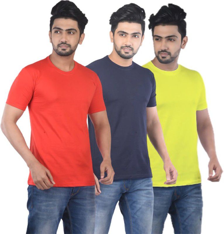 Pack of 3 Solid Half sleeve Round Neck T shirt Men Solid Round Neck Cotton Blend Dark Blue, Red, Yellow T-Shirt