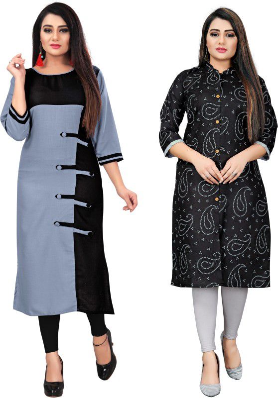Pack of 2 Women Colorblock Cotton Blend Straight Kurta  (Black, Grey)