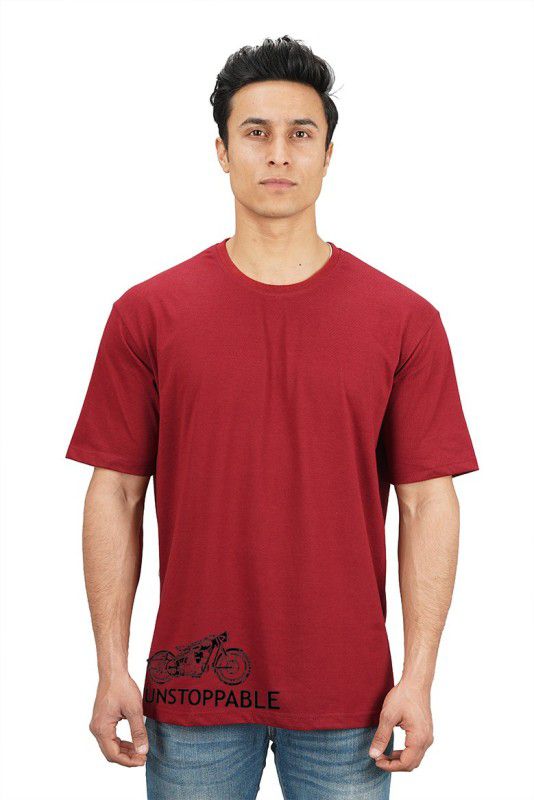 Men Printed Round Neck Cotton Blend Maroon T-Shirt