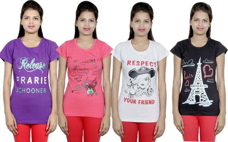 Pack of 4 Women Printed Round Neck Cotton Blend Multicolor T-Shirt