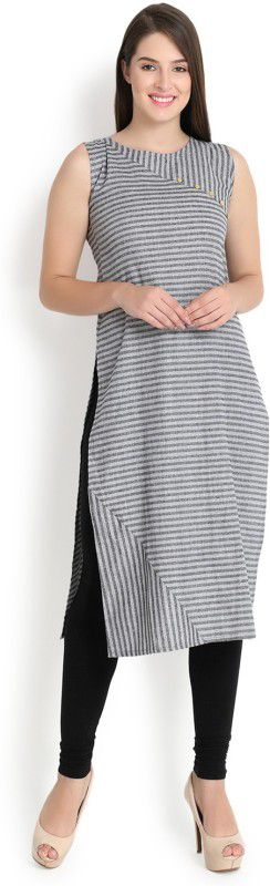 Women Printed, Striped Cotton Blend Straight Kurta  (Grey)