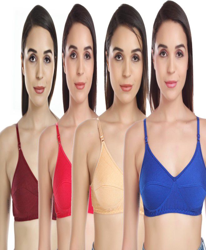 Cotton Lycra Sports bra in Maroon, Gajri, Skin & Blue Color Pack of 4. Women Full Coverage Non Padded Bra  (Multicolor)