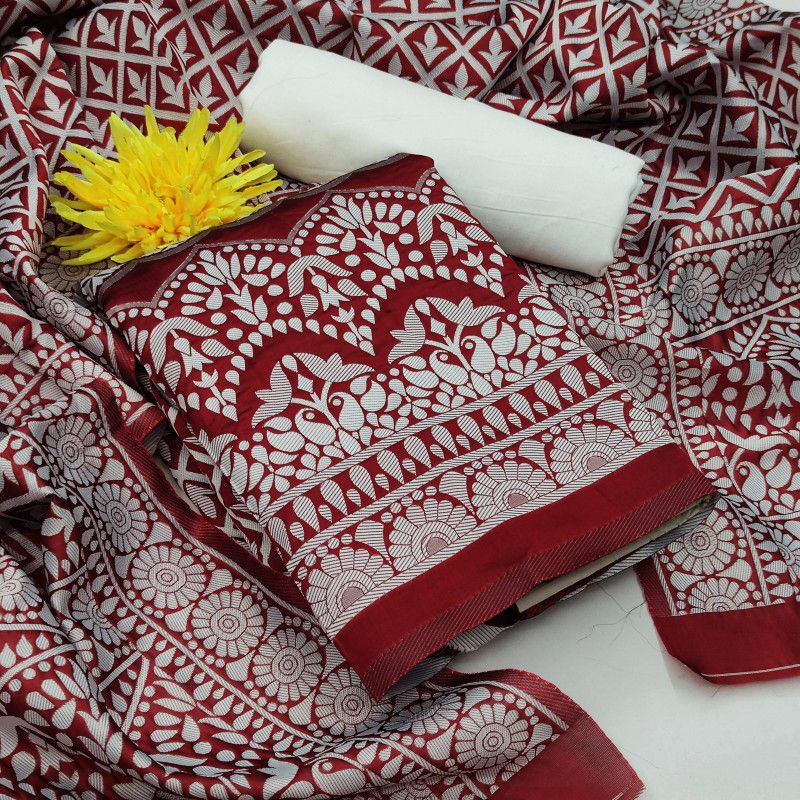 Unstitched Cotton Blend Kurta & Churidar Material Self Design