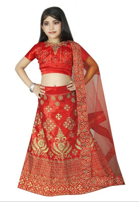 Indi Girls Lehenga Choli Ethnic Wear Embroidered Lehenga, Choli and Dupatta Set  (Red, Pack of 1)