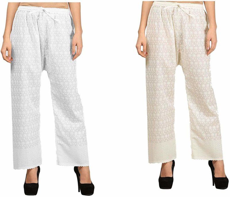 Pack of 2 Women Slim Fit White, Cream Pure Cotton Trousers
