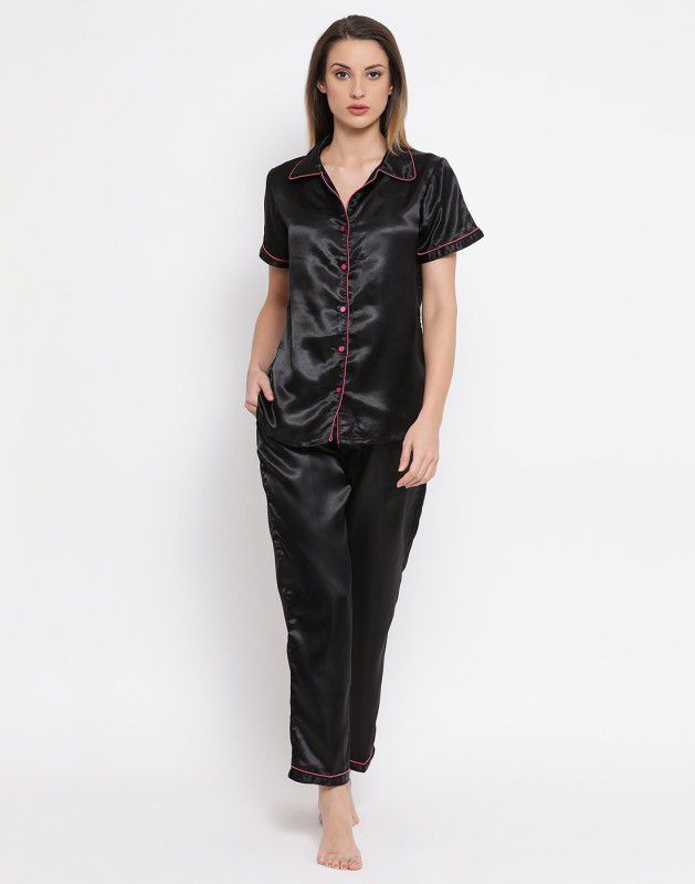 Women Top & Pyjama Set Black Solid