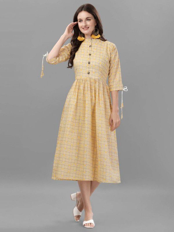Women A-line Yellow, Beige Dress