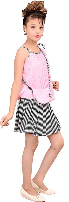 Girls Casual Top Skirt  (Pink)