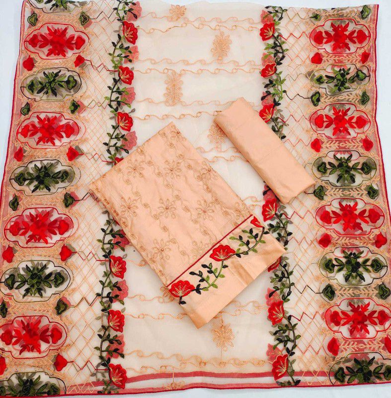Unstitched Cotton Blend Kurta & Churidar Material Embroidered