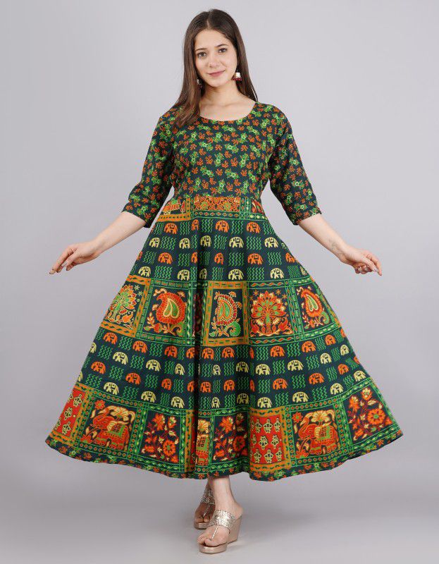Floral Print Pure Cotton Stitched Flared/A-line Gown  (Green)