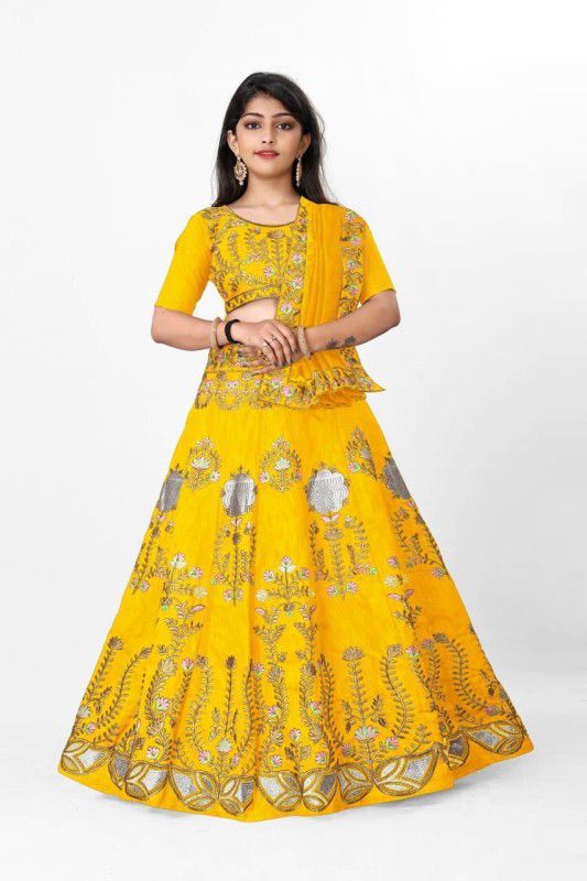 Girls Lehenga Choli Ethnic Wear Embroidered Lehenga, Choli and Dupatta Set  (Yellow, Pack of 1)