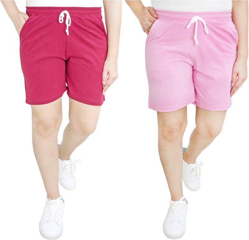 Pack of 2 Solid Women Maroon, Pink Sports Shorts