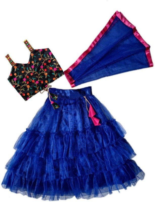 Girls Lehenga Choli Party Wear Embroidered Lehenga, Choli and Dupatta Set  (Blue, Pack of 1)