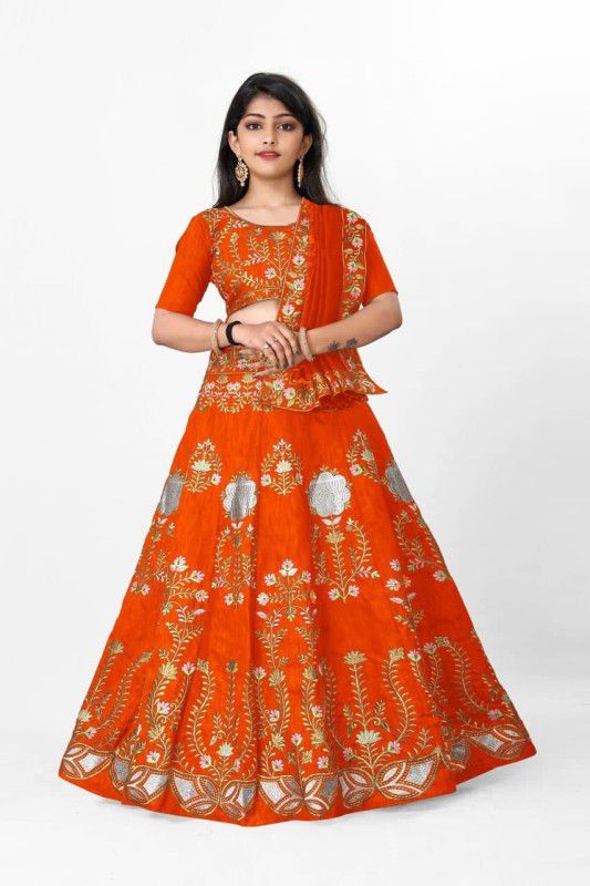 Girls Lehenga Choli Ethnic Wear Embroidered Lehenga, Choli and Dupatta Set  (Orange, Pack of 1)