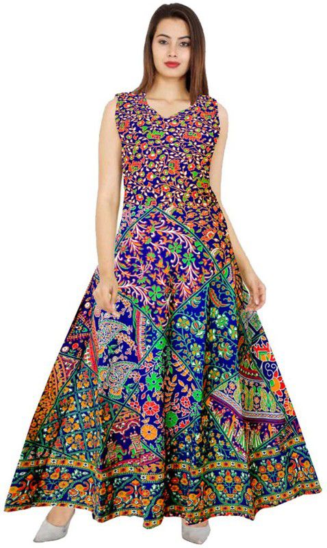 Printed Pure Cotton Stitched Anarkali Gown  (Orange, Green)