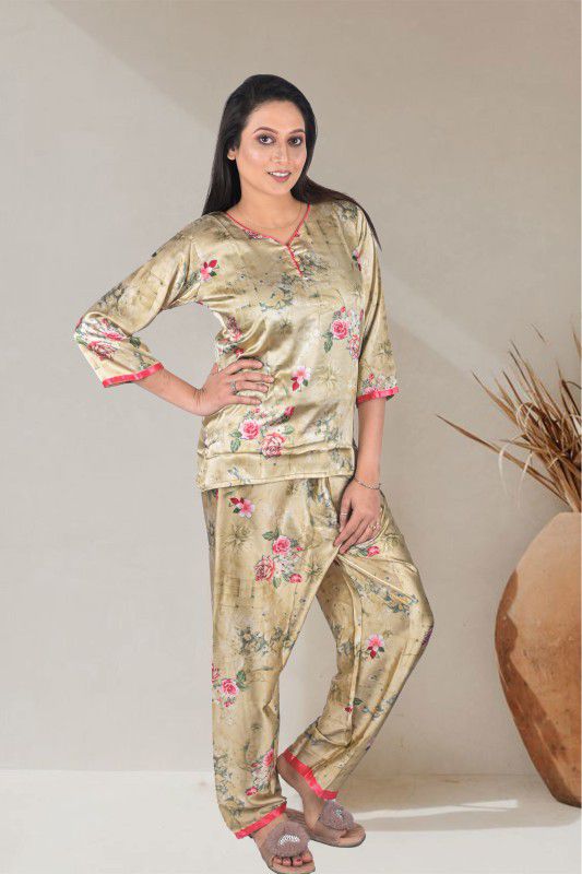 Women Top & Pyjama Set Brown Floral Print