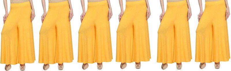 Women Flared Yellow Cotton Blend Trousers