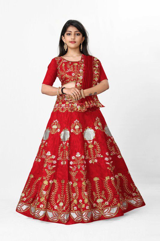 Girls Lehenga Choli Ethnic Wear Embroidered Lehenga, Choli and Dupatta Set  (Red, Pack of 1)