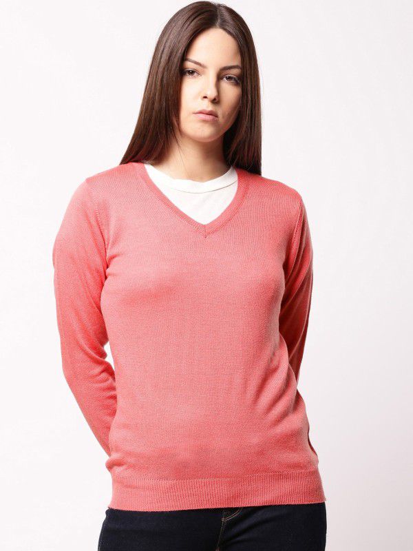 Women Solid V-neck Pink Sweater