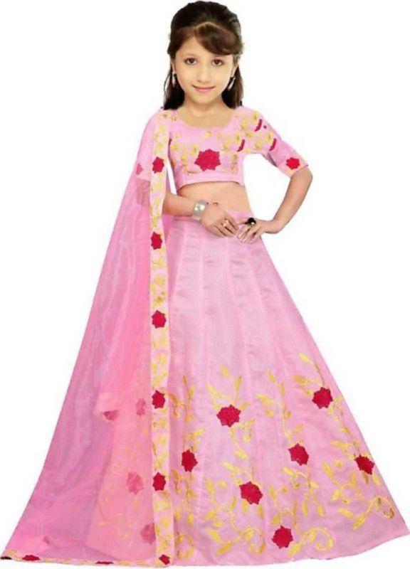 Girls Lehenga Choli Western Wear, Ethnic Wear, Party Wear Embroidered Ghagra, Choli, Dupatta Set  (Pink, Pack of 1)