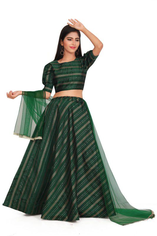 Girls Lehenga Choli Ethnic Wear Striped Lehenga, Choli and Dupatta Set  (Green, Pack of 1)