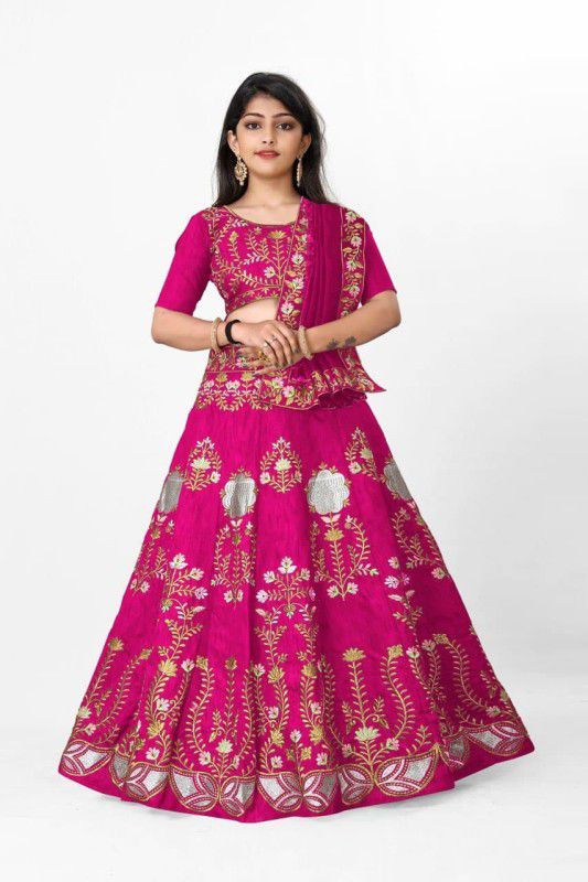 Girls Lehenga Choli Ethnic Wear Embroidered Lehenga, Choli and Dupatta Set  (Pink, Pack of 1)