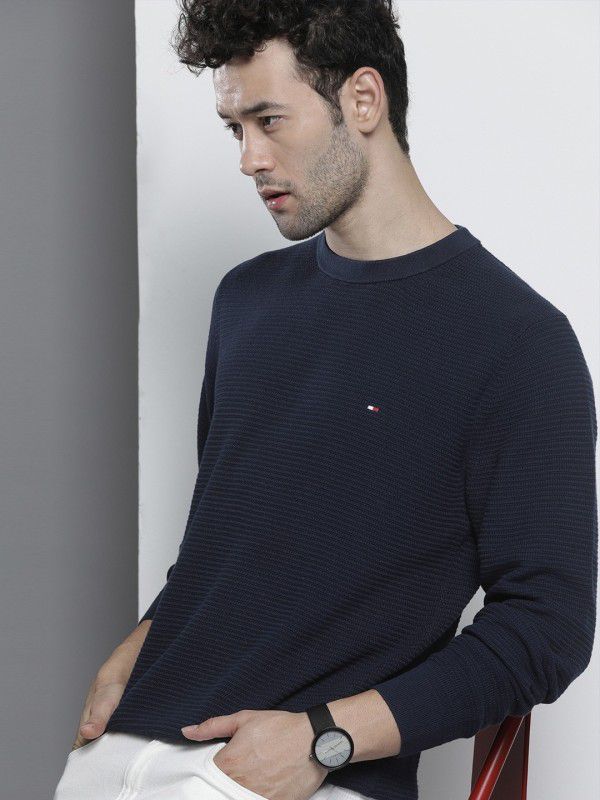 Men Self Design Round Neck Dark Blue Sweater