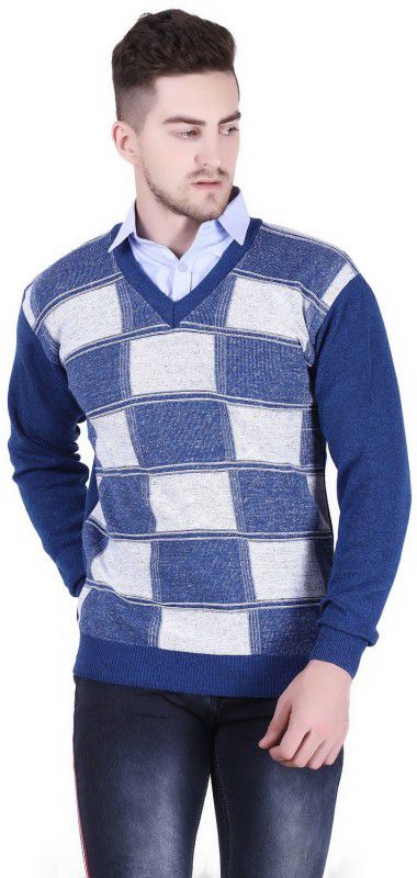 Men Checkered V Neck Multicolor Sweater