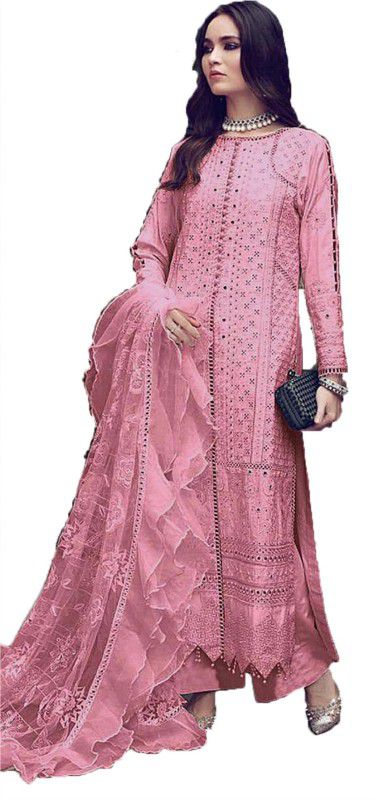 Semi Stitched Cotton Blend Suit Fabric Embroidered