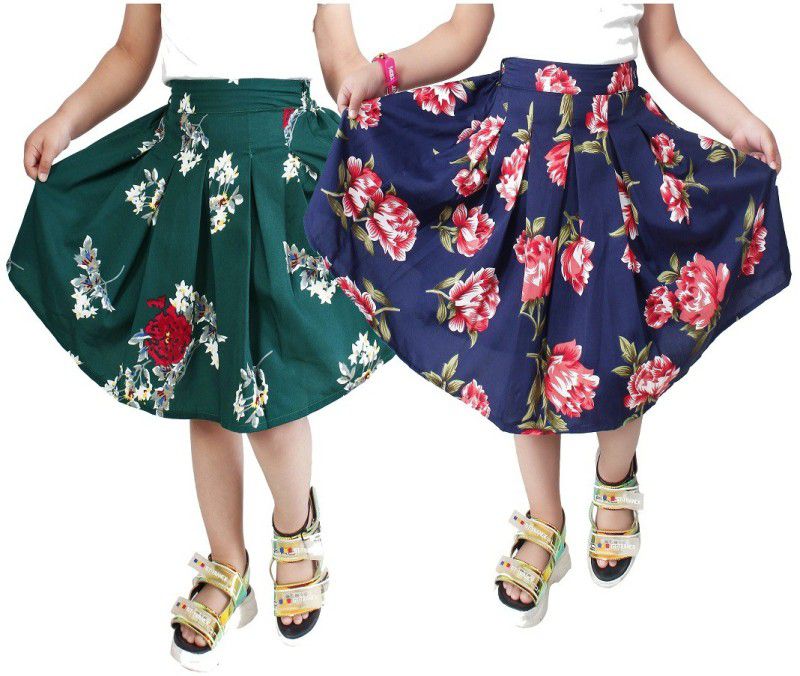 Girls Floral Print Pleated Multicolor Skirt