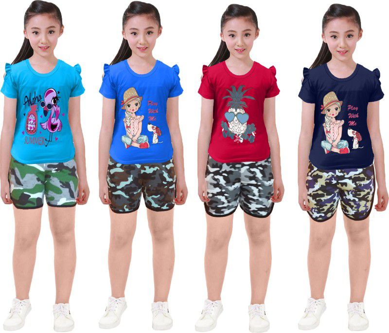 Girls Casual T-shirt Shorts  (Multicolor)