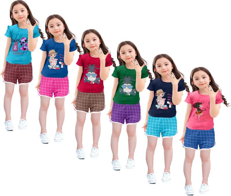 Girls Casual Top Shorts  (Multicolor)